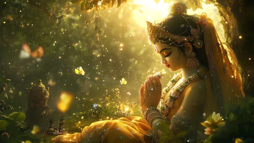 Golden forest prayer with shimmering divine serenity.