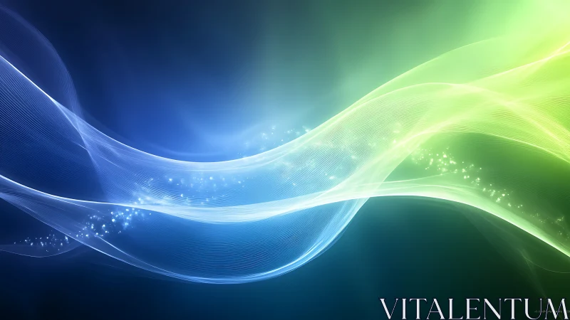 Luminescent blue green waveforms form layered flowing light ribbons