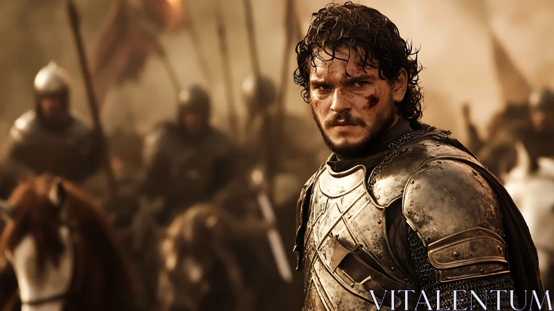 Armored soldier with wounded face before blurred cavalry.