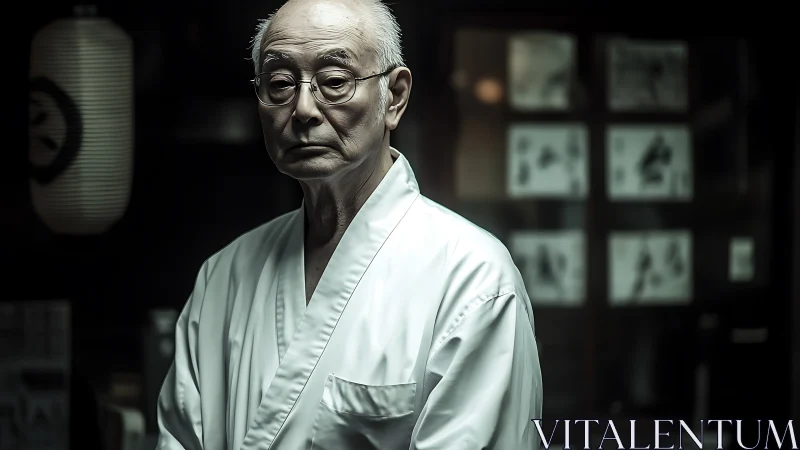 Elderly chef stands quietly in a dim traditional kitchen.