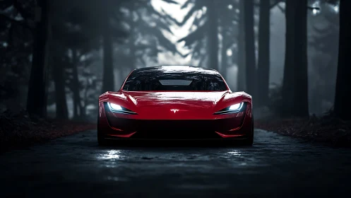 Red electric supercar cuts through misty forest roadway.