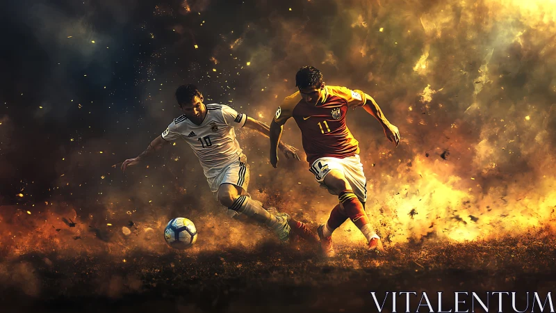 Blazing football duel carved through a storm of golden sparks.