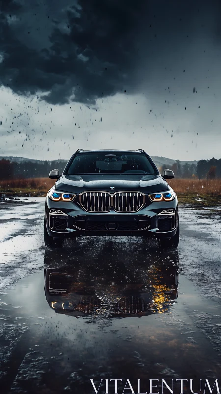 Front-facing luxury SUV under stormy sky with wet-ground reflections