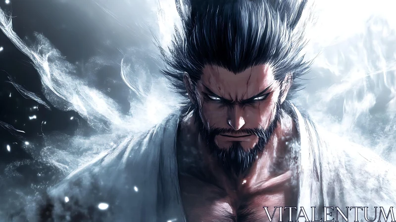 Storm-lit warrior awakening his fierce inner calm.