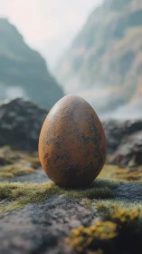 Solitary speckled egg rests quietly in misty mountain valley