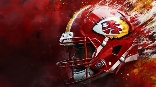 Explosive red football helmet rendered in dynamic digital paint.