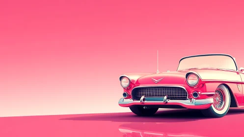 Chromatic render of retro roadster under saturated pink sky.