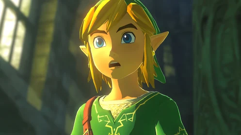 Elf warrior in green tunic gazes upward inside ancient hall