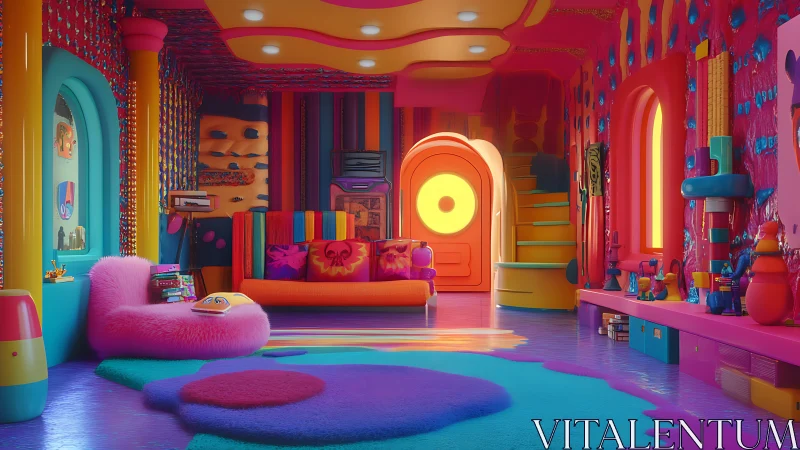 Neon dream lounge glows with candy-colored retro whimsy.