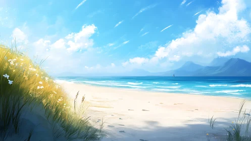 Sunlit coastal dunes overlook tranquil turquoise shoreline.