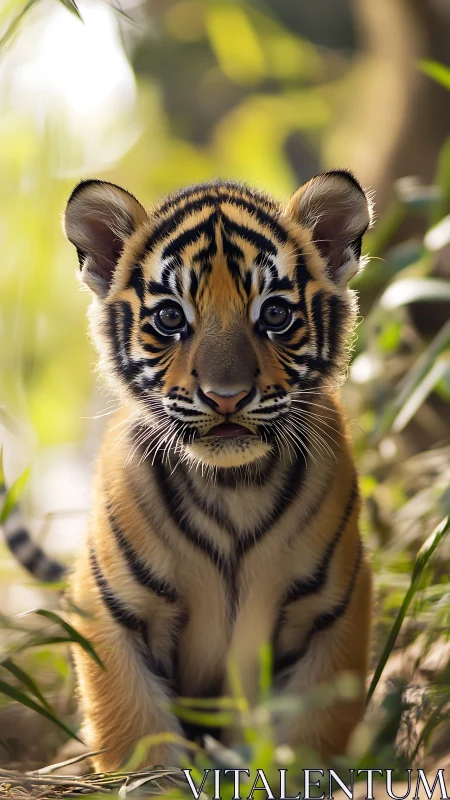 Tiny jungle monarch sits bright-eyed in soft green hush.