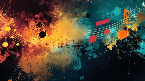 Chromatic waveform of musical notation across splatter field.