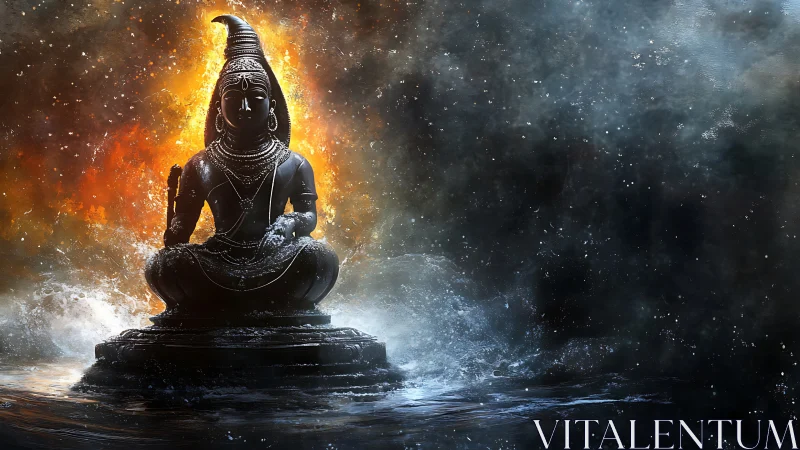 Serene stone deity glowing through fire, mist, and water.