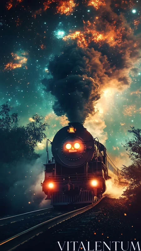 Steam locomotive roars under blazing cosmic night sky.