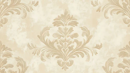 Beige damask wallpaper pattern with stylized floral scrolls.