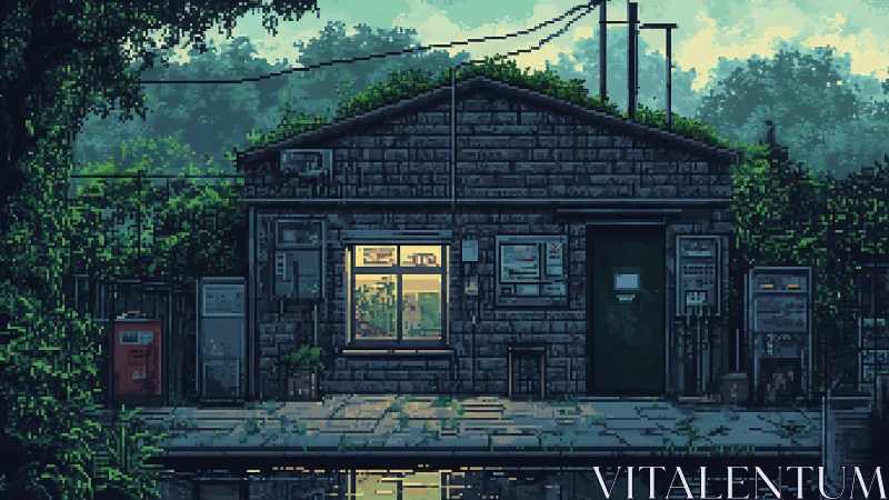Soft evening light warms a quiet pixel art station house