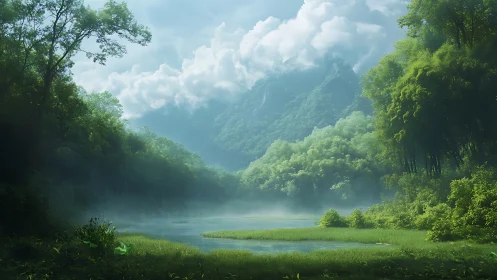 Emerald Valley Breathes Softly Where Mist Meets Mountain
