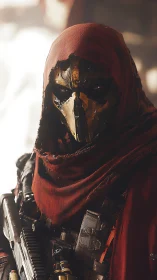 Hooded armored figure with rifle in soft diffused lighting.