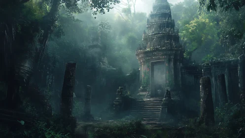 Ancient jungle temple emerges from misty overgrown ruins.