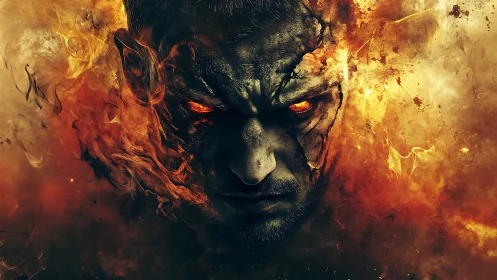 Infernal warrior portrait engulfed in fractured flames.