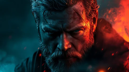 Battle-scarred warrior portrait in dual blue and fiery light.