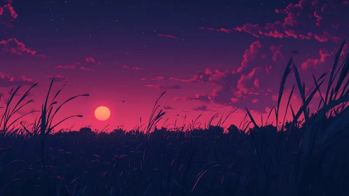 Twilight grasses cradle a neon sun sinking into magenta dusk