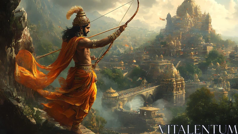 Sunlit archer prince guarding a golden mythic hill city.