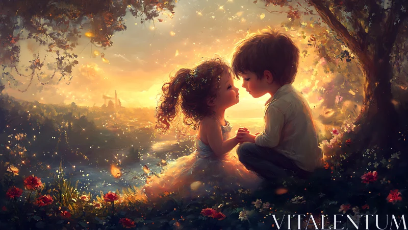 Two Children Share a Moment in an Enchanted Golden Garden