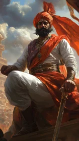 Majestic warrior prince in saffron robes under stormy skies.