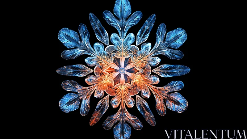 Radiant blue and orange snowflake glows against black space.