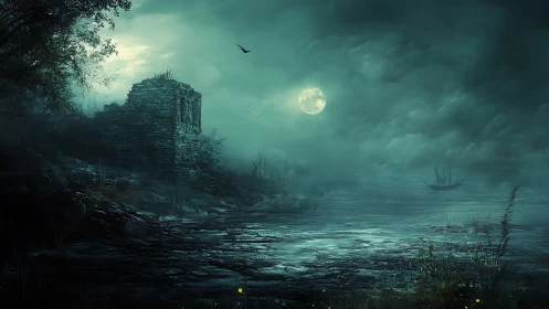 Lunar-illuminated ruin beside mist-laden littoral waterscape.
