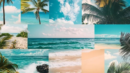 Tropical shoreline collage with palm canopies and turquoise surf