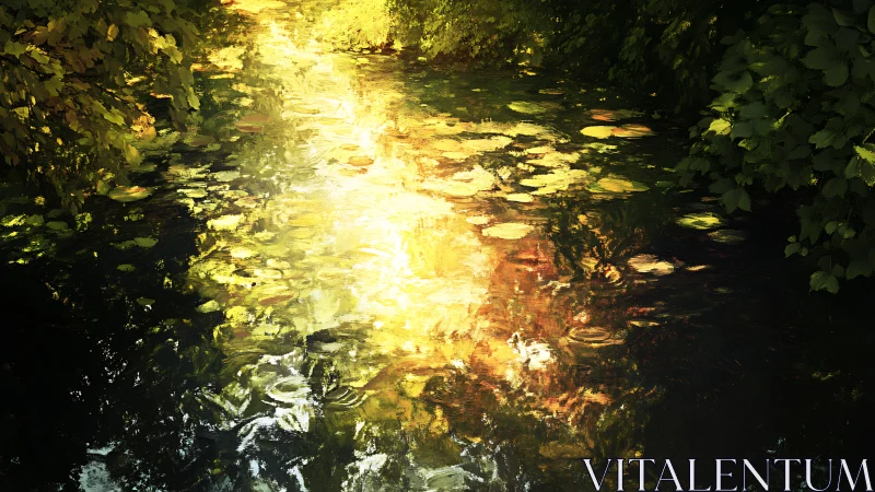 Sunlit pond surface reflects dense foliage and lily pads