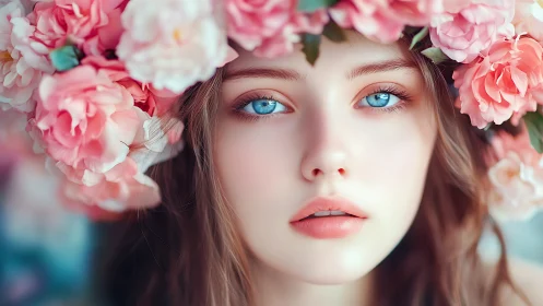Girl portrait shows blue eyes framed by pink flower crown