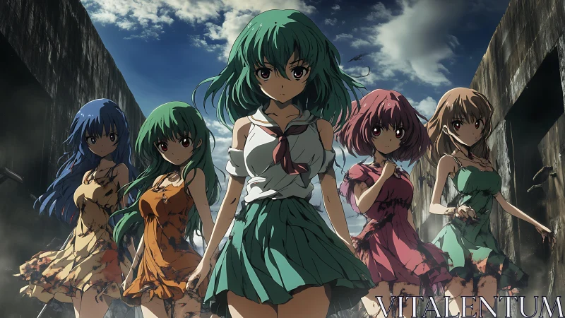 Five determined anime girls in torn dresses in ruined alley