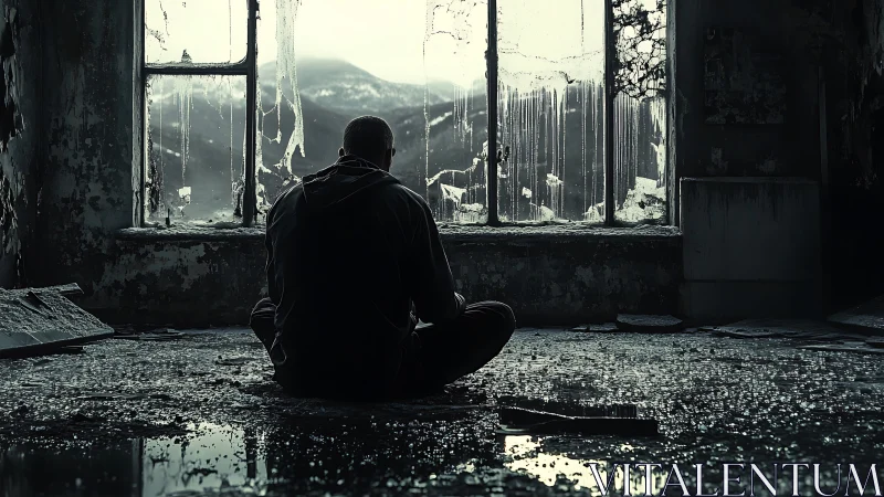 Man sits in ruined room facing broken icy window view.