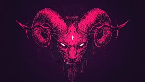 Neon demonic ram portrait with glowing sigil and horns.