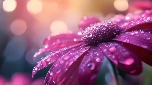 Pink daisy petals covered in water droplets with bokeh background.