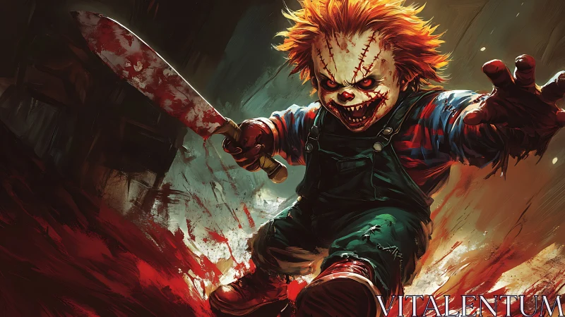 Sinister doll lunging forward with bloodied machete.