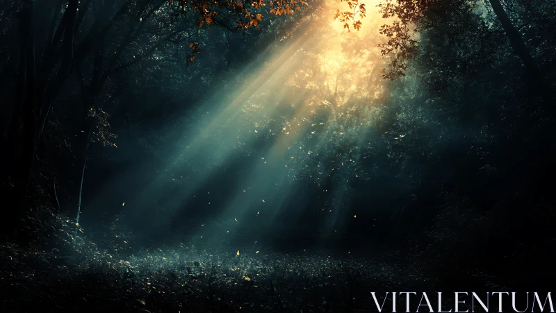 Sunlight beams penetrating dense forest understory.