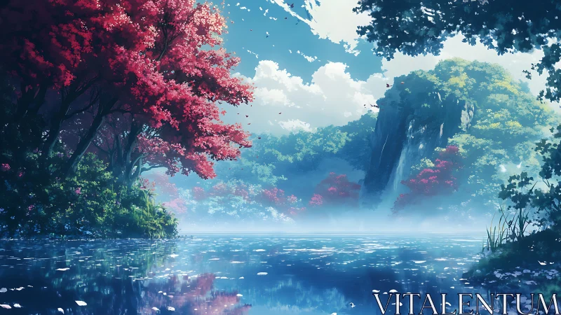 Gentle forest lake welcomes calm skies and soft waterfalls