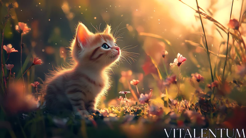 White kitten positioned within field of flowering plants under golden atmospheric lighting.