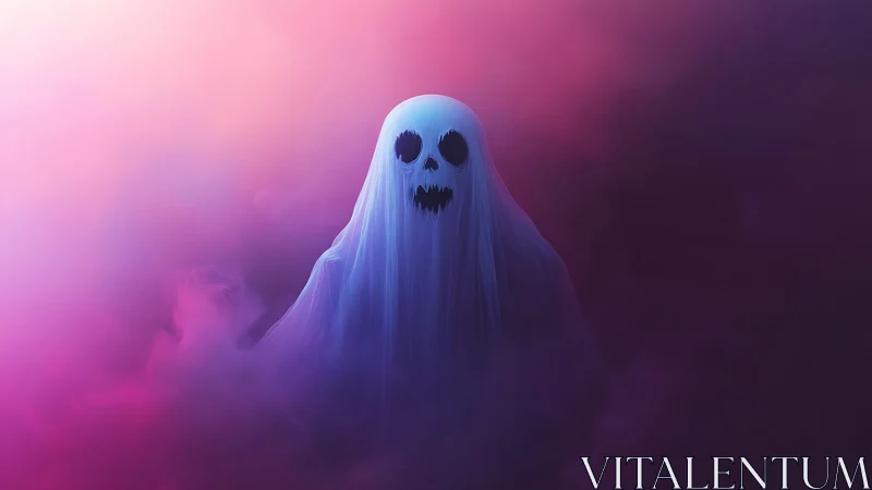 Softly glowing ghost drifts through neon pink and purple mist.