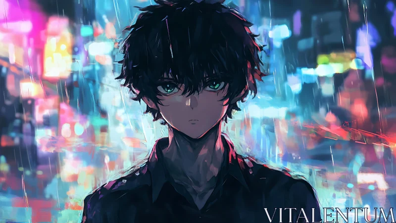 Brooding anime boy in neon city rain at night.