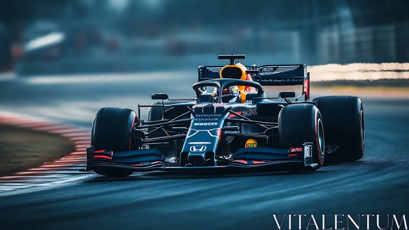 Formula race car slices apex under cool track lights.