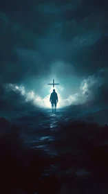 Lone wanderer walks a glowing path toward a radiant cross