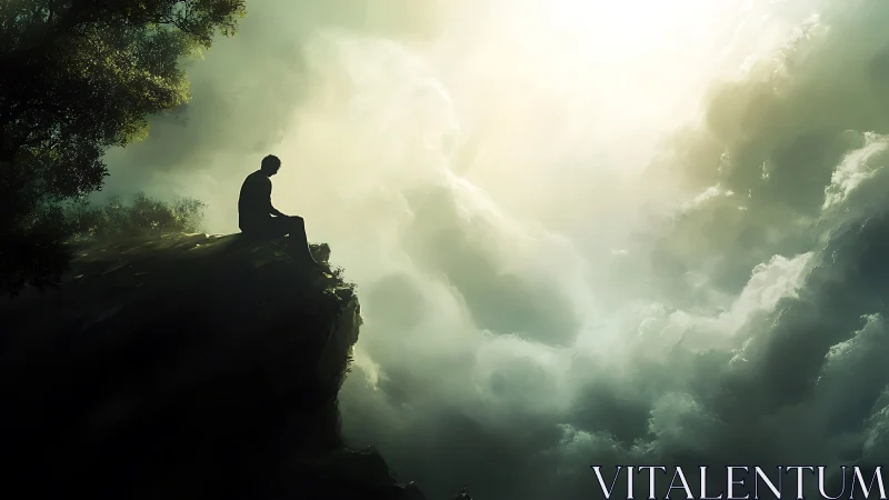 Solitary figure sits on cliff above glowing cloud abyss