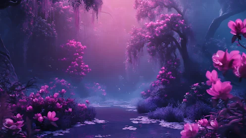 Enchanting violet forest glows softly around a quiet river