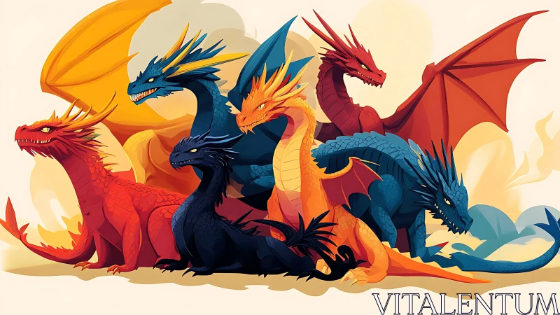 Elemental dragon council in vivid warm and cool harmony.