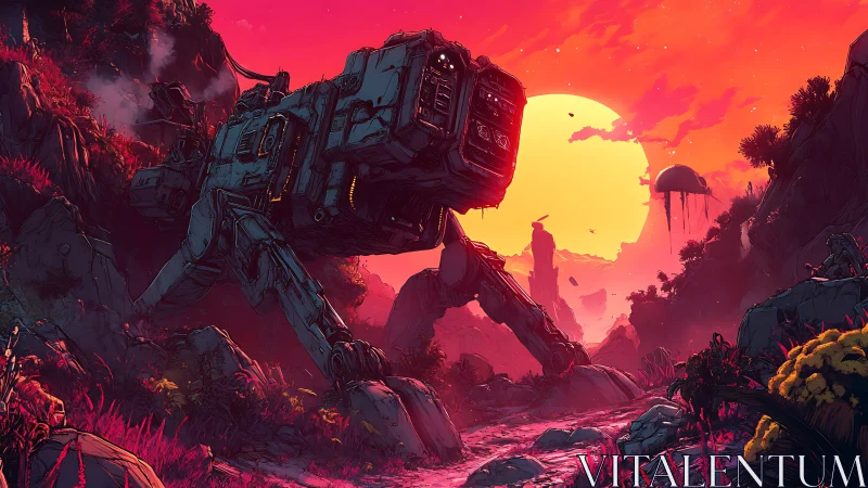 Quadruped mech in alien canyon under large setting sun.